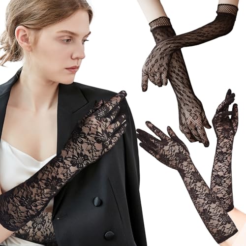 2 Paar Spitzenhandschuhe Schwarz Spitzen Handschuhe Hautfreundliche Passform Spitzenhandschuhe Lange Spitzenhandschuhe, Geeignet für Hochzeit, Braut, Mädchen, Cosplay, Halloween, 1920er-Jahre-Kostüm von Laralily