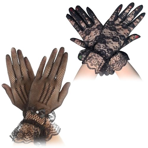 Laralily 2 Paar Damen-Spitzenhandschuhe Schwarz, Handschuhe Halloween, Handschuhe Spitze, Hautfreundliche Hochelastische Spitze, Geeignet für Hochzeitsessen,Teeparty, Cosplay-Handschuhe (Schwarz) von Laralily