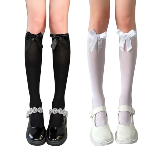 2 Paar Strümpfe Damen mit Schleife, Spitze Kniestrümpfe,Lolita-Socken Mit Spitzenschleife,Rüschen Kniestrümpfe, Lolita Strümpfe Weiß Kniestrümpfe Geeignet für Mädchen Und Frauen (Schwarz,Weiß) von Laralily