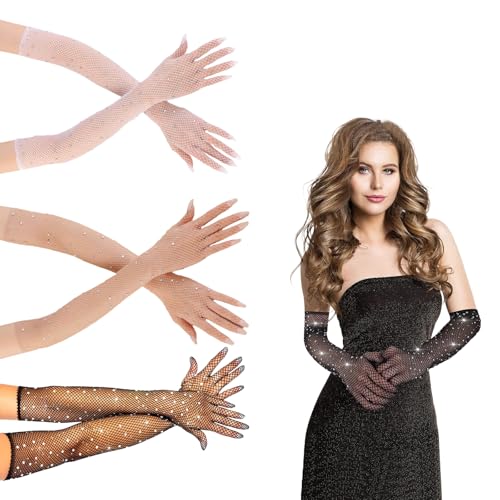 Netzhandschuhe Schwarz 2 Paar Handschuhe mit Strasssteinen Damen Long Fishnet Gloves mit Funkelnden Geeignet für Karnevals- Und Tanzaccessoires (Schwarze und Weiße Hautfarbe) von Laralily