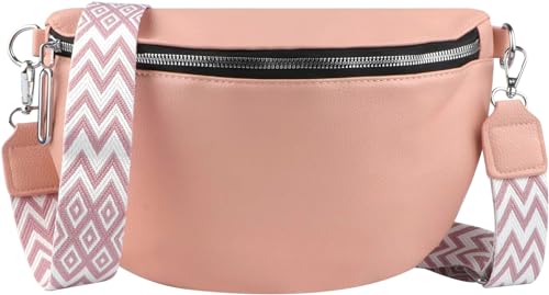 Larber Umhängetasche Damen Leder Bauchtasche Crossbag Damen Halbmond Tasche Breiter Gurt Handtasche Brusttasche Moon Bag Reißverschluss Abnehmbar Schultergurt Zum Umhängen Taschen Rosa Bags for Women von Larber