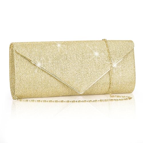 Larcenciel Clutch Damen, Glitzer Abendtasche Umhängetasche mit Abnehmbarer Kette, Modische Handtasche Elegante Envelope Tasche Kettentasche Schultertaschen für Abschlussball, Hochzeit, Party (Gold) von Larcenciel