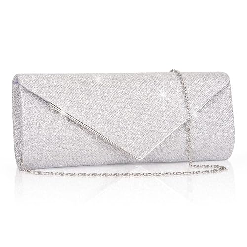 Larcenciel Clutch Damen, Glitzer Abendtasche Umhängetasche mit Abnehmbarer Kette, Modische Handtasche Elegante Envelope Tasche Kettentasche Schultertaschen für Abschlussball, Hochzeit, Party (Silber) von Larcenciel