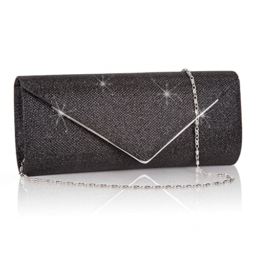 Larcenciel Clutch Damen, Glitzer Abendtasche Umhängetasche mit Abnehmbarer Kette, Modische Handtasche Elegante Envelope Tasche Kettentasche Schultertaschen für Abschlussball, Hochzeit, Party (Schwarz) von Larcenciel