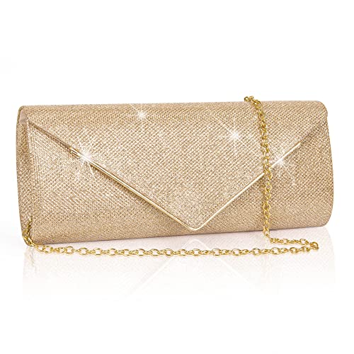 Larcenciel Clutch Damen, Glitzer Abendtasche Umhängetasche mit Abnehmbarer Kette, Modische Handtasche Elegante Envelope Tasche Kettentasche Schultertaschen für Abschlussball, Party (Champagner) von Larcenciel