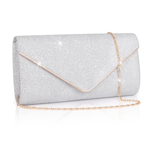 Larcenciel Clutch Damen, Glitzer Abendtasche mit Abnehmbarer Kette, Umhängetasche Pailletten Handtasche, Elegante Envelope Tasche Schultertaschen Kettentasche für Abschlussball Hochzeit Party (Silber) von Larcenciel