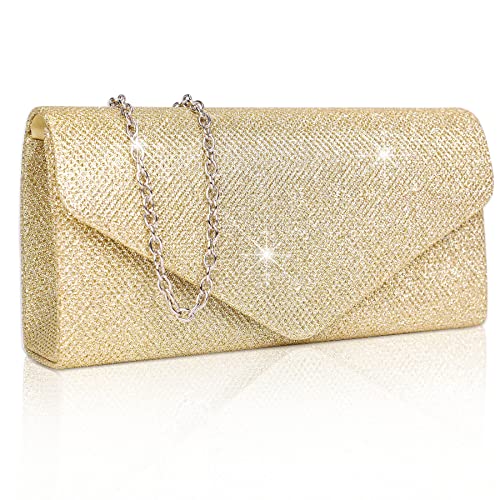 Larcenciel Clutch Damen, Glitzernde Pailletten-Abendtaschen mit Abnehmbarer Kette, Elegante Umhängetasche, Envelope Handtasche Schultertasche für Hochzeiten, Partys, Bankette, Dates (Gold) von Larcenciel