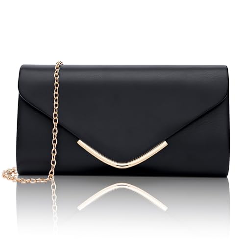 Larcenciel Clutch Schwarz, Leder Handtaschen mit Abnehmbarer Kette, Elegant Envelope Abendtasche, Mode Crossbody Umschlag Tasche, Umhängetasche Damen für Hochzeit Party Prom Date Bankett, 22x12x5CM von Larcenciel