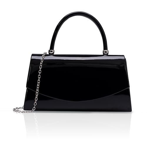 Larcenciel Clutch Schwarz, Leder Handtaschen mit Abnehmbarer Kette, Glitzer Lack Ledertasche, Elegant Abendtasche mit Henkel, Mode Crossbody Umhängetasche für Hochzeit Party Prom Bankett, 23x12x7CM von Larcenciel