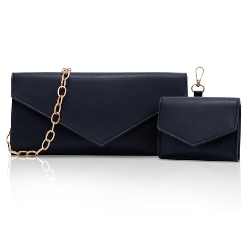 Larcenciel Clutch Schwarz, Veganes Leder Handtasche mit Kleiner Brieftasche, Elegant Envelope Abendtasche, Mode Umschlag Umhängetasche mit Kette, Crossbody Tasche für Hochzeit Party Date, 25x12x4CM von Larcenciel