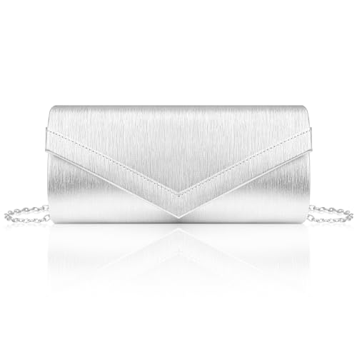 Larcenciel Clutch Silber, Damen Handtasche mit Abnehmbarer Kette, Elegant Crossbody Abendtasche für Braut, Vertikales Streifenmuster PU-Leder Umhängetasche für Hochzeit, Party, Date (22×10.5×5cm) von Larcenciel