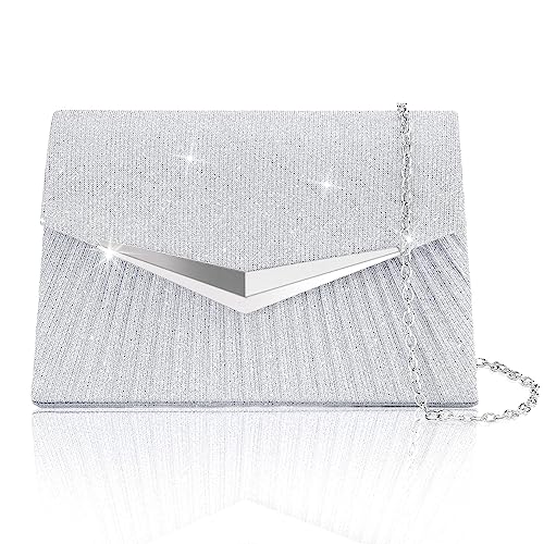 Larcenciel Clutch Silber, Damen Pailletten Abendtasche mit Abnehmbarer Kette, Elegant Crossbody Handtasche Funkelnde Trapezförmige Schultertasche Umhängetasche für Hochzeit, Bankett (21x5x13cm) von Larcenciel