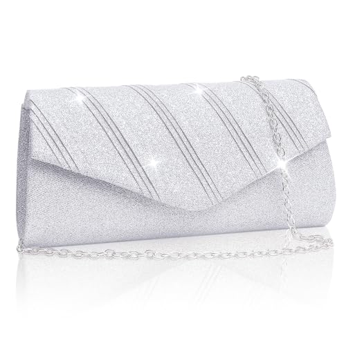 Larcenciel Clutch Silber, Glitzer Damen Handtasche mit Kette, Metallisch Pailletten Abendtasche für Braut, Elegant Tasche Envelope Crossbody Umhängetasche für Hochzeit Party Freizeit Date, 22×6×11cm von Larcenciel