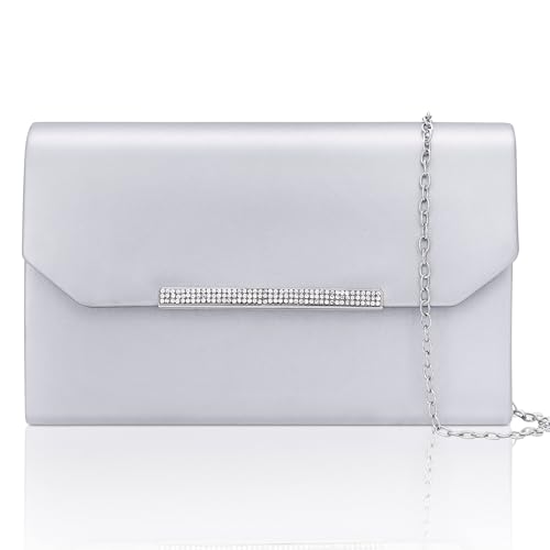 Larcenciel Clutch Silber, Leder Handtaschen mit Abnehmbarer Kette, Elegant Abendtasche mit Strassbesetztem Metallstab, Mode Crossbody Umhängetasche Tasche für Hochzeit Party Prom Bankett, 22x14x6CM von Larcenciel