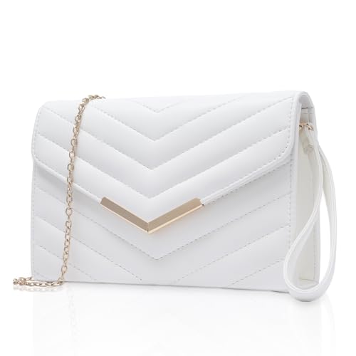 Larcenciel Clutch Weiß, Veganes Leder Handtaschen mit Handgelenkst & Kette, Elegant Gesteppte Umschlag Abendtasche, Mode Umhängetasche Crossbody Tasche für Hochzeit Party Prom Date Bankett, 23x16x6CM von Larcenciel
