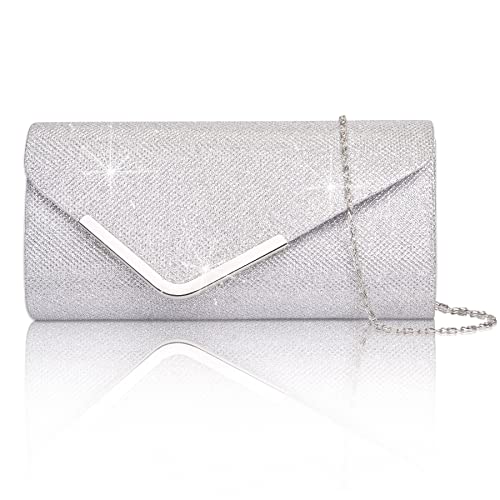 Larcenciel Clutch, Glänzende Pailletten Abendtaschen mit Abnehmbarer Kette, Envelope Handtasche für Damen, Elegante Cross Body Umhängetasche für Hochzeit, Party, Bankett, Feiertage (Silber) von Larcenciel