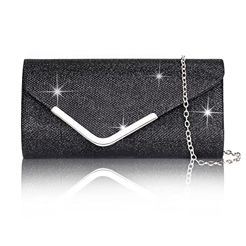 Larcenciel Damen Clutch, Glänzende Pailletten Abendtaschen mit Abnehmbarer Kette, Envelope Handtasche für Damen, Elegante Cross Body Umhängetasche für Hochzeit, Party, Bankett, Feiertage (Schwarz) von Larcenciel