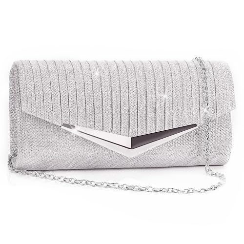 Larcenciel Damen Clutch, Glitzer Abendtasche mit Abnehmbarer Kette, Elegant Envelope Handtasche, Pailletten Umhängetasche (Silber) von Larcenciel