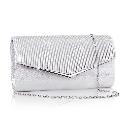 Larcenciel Damen Clutch, Glitzer Abendtasche mit Abnehmbarer Kette, Metallisch Pailletten Crossbody Handtasche, Funkelnde Elegant Damen-Umhängetaschen für Hochzeit, Bankett, Party (Silber, 23x5x12cm) von Larcenciel