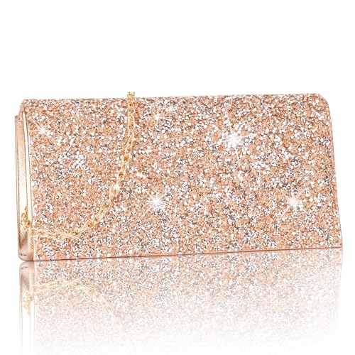 Larcenciel Damen Clutch, Glitzer Handtasche mit Abnehmbarer Kette, Rosegold Strass Abendtasche für Braut, Funkelnde Elegant Umschlag Crossbody Schultertasche für Hochzeit, Party, Date, 20x5x10cm von Larcenciel