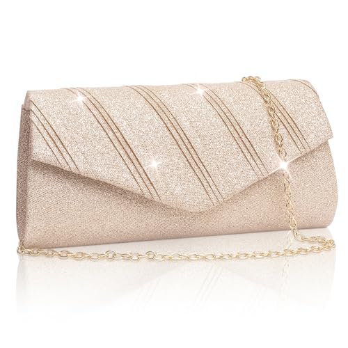 Larcenciel Damen Clutch, Glitzer Rosegold Handtasche mit Kette, Metallic Pailletten Abendtasche für Braut, Elegant Tasche Envelope Crossbody Schultertaschen für Hochzeit Party Freizeit Date, 22×6×11cm von Larcenciel