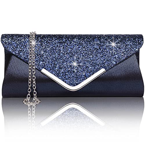 Larcenciel Damen Clutch Abendtasche Unterarmtasche Umhängetasche mit Strass-Steinen und Abnehmbarer Kette in den Farben Silber Gold Altrosa (blau) von Larcenciel