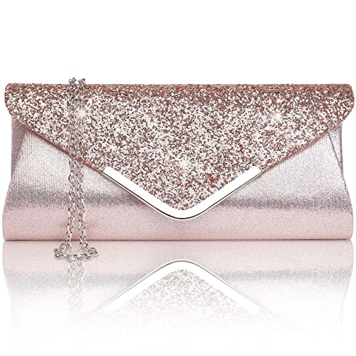 Larcenciel Damen Clutch Abendtasche Unterarmtasche Umhängetasche mit Strass-Steinen und Abnehmbarer Kette in den Farben Silber Gold Altrosa (rose) von Larcenciel