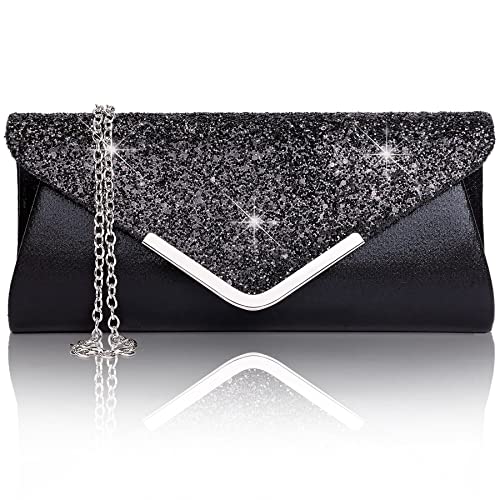 Larcenciel Damen Clutch Abendtasche Unterarmtasche Umhängetasche mit Strass-Steinen und abnehmbarer Kette in den Farben Silber Gold Altrosa(Schwarz) von Larcenciel