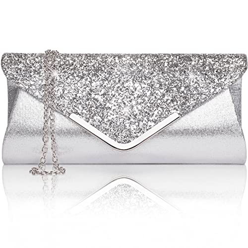 Larcenciel Damen Clutch Abendtasche Unterarmtasche Umhängetasche mit Strass-Steinen und Abnehmbarer Kette in den Farben Silber Gold Altrosa (Silber) von Larcenciel