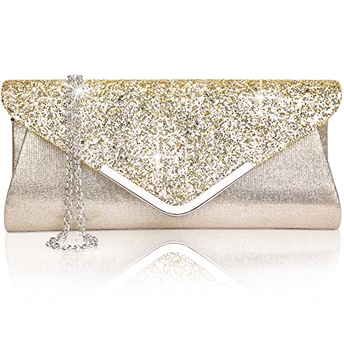 Larcenciel Damen Clutch Abendtasche Unterarmtasche Umhängetasche mit Strass-Steinen und Abnehmbarer Kette in den Farben Silber Gold Altrosa (Gold) von Larcenciel