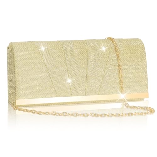 Larcenciel Damen Clutch Gold, Glitzer Pailletten Abendtasche mit Abnehmbarer Kette, Modische Handtasche für Braut, Elegant Crossbody Umhängetasche Handy Tasche für Hochzeit, Party, Date (22×10×6cm) von Larcenciel