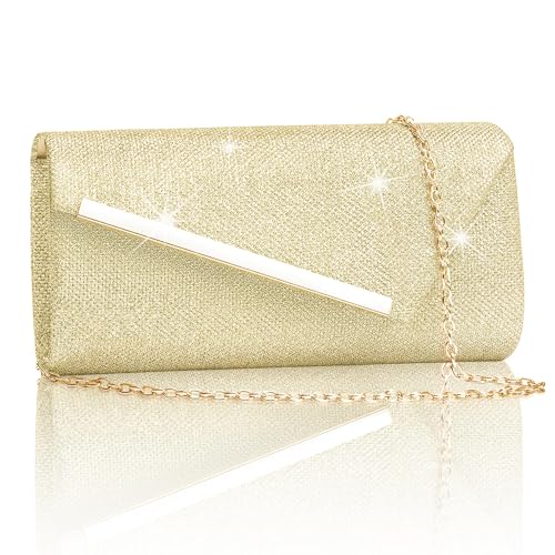 Larcenciel Damen Clutch Gold, Metallic Abendtasche mit Abnehmbarer Kette, Glitzer Pailletten Handtasche für Braut, Elegante Cross Body Umhängetasche für Hochzeit, Party, Bankett, Date (23x5x12cm) von Larcenciel