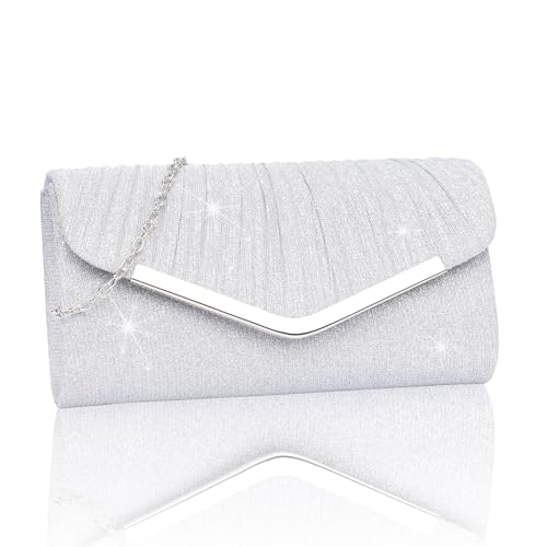 Larcenciel Silber Clutch, Glitzer Handtasche für Damen, Metallic Pailletten Abendtasche mit Abnehmbarer Kette, Elegant Tasche Crossbody Envelope Umhängetasche für Hochzeit, Party, Ferien, 22x5.5x12cm von Larcenciel