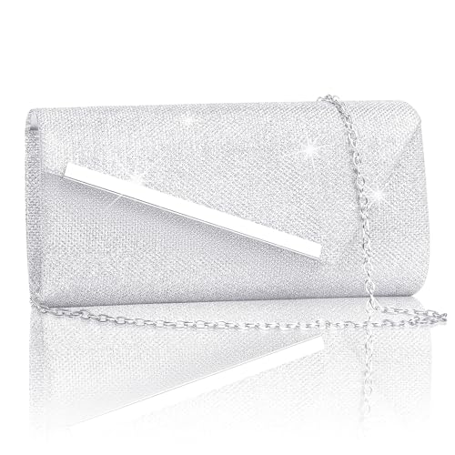 Larcenciel Silber Clutch, Metallic Abendtasche mit Abnehmbarer Kette, Glitzer Pailletten Handtasche für Damen, Elegante Crossbody Envelope Umhängetasche für Hochzeit, Party, Bankett, Date (23x5x12cm) von Larcenciel