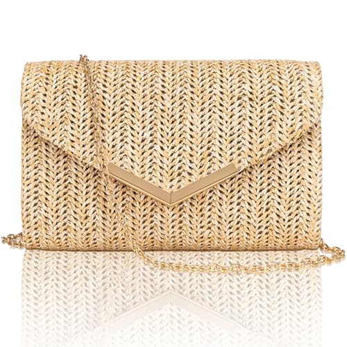 Larcenciel Stroh Clutch, Sommer Strand Damenhandtasche mit Abnehmbarer Kette, Elegante Umschlag Abendtasche, Boho Geflochtene Tasche, Lässige Gewebte Umhängetasche für Hochzeit Party Urlaub 20x13x6CM von Larcenciel