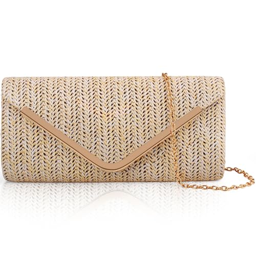 Larcenciel Stroh Clutch Beige, Sommer Strand Handtasche mit Abnehmbarer Kette, Boho Geflochtene Tasche, Elegante Umschlag Abendtasche, Lässige Gewebte Umhängetasche für Hochzeit Urlaub, 23x12x3CM von Larcenciel