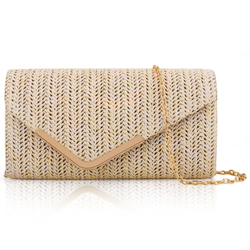 Larcenciel Stroh Clutch Beige, Sommer Strand Handtasche mit Abnehmbarer Kette, Elegante Umschlag Abendtasche, Boho Geflochtene Tasche, Lässige Gewebte Umhängetasche für Hochzeit Urlaub, 22x11x5CM von Larcenciel