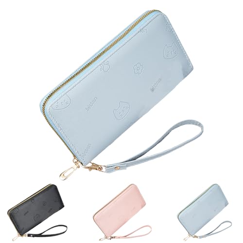 LaresDay Geldbörse Damen groß Langformat | Portemonnaie mit Mehrschichtig Fächern & Reißverschluss |Kleine Katzen Prägung | Hochwertiges Kunstleder | Handy |Münzfach (Blau) von LaresDay