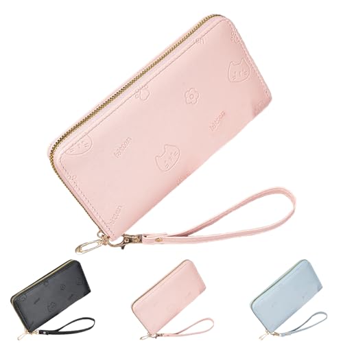 LaresDay Geldbörse Damen groß Langformat | Portemonnaie mit Mehrschichtig Fächern & Reißverschluss |Kleine Katzen Prägung | Hochwertiges Kunstleder | Handy |Münzfach (Rosa) von LaresDay