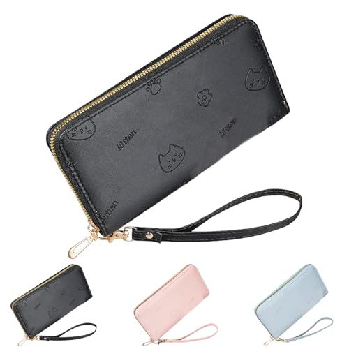 LaresDay Geldbörse Damen groß Langformat | Portemonnaie mit Mehrschichtig Fächern & Reißverschluss |Kleine Katzen Prägung | Hochwertiges Kunstleder | Handy |Münzfach (Schwarz) von LaresDay