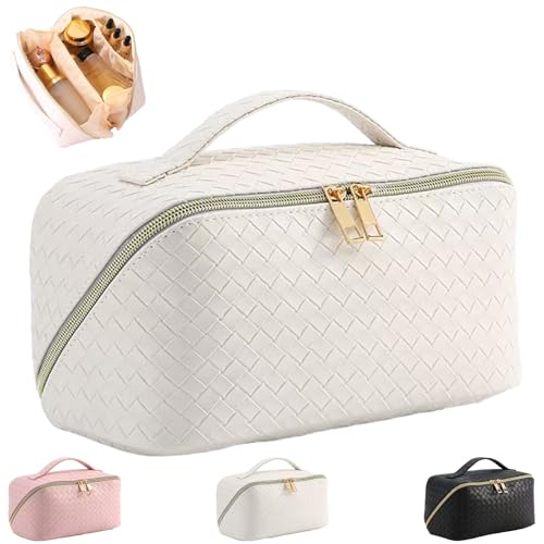 LaresDay Großzügige Kosmetiktasche für Reisen mit Tragegriff und Unterteilungen – Flach Auslegbarer Organizer, Tragbare Make-up-Tasche mit Pinselhalter für Damen (Weiß) von LaresDay