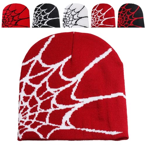 LaresDay Harajuku Y2K Cap - Spider Web MEA Culpa Print Strickbeanie in Pink | Baumwoll Mütze Unisex für Street Fashion (DE/NL/SE/PL, Alphanumerisch, S, L, Rot + Weiß) von LaresDay