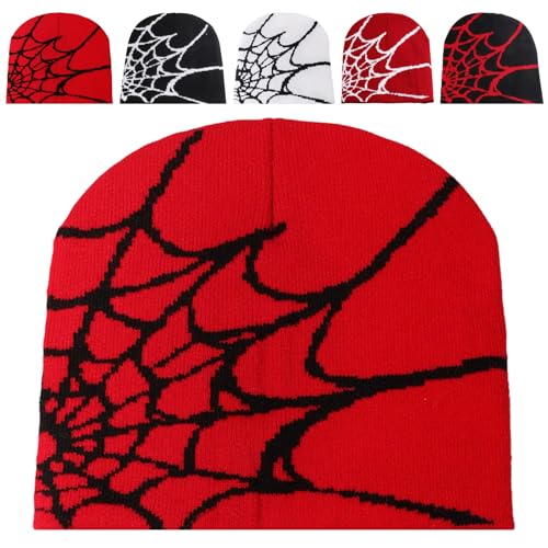 LaresDay Harajuku Y2K Cap - Spider Web MEA Culpa Print Strickbeanie in Pink | Baumwoll Mütze Unisex für Street Fashion (DE/NL/SE/PL, Alphanumerisch, S, L, Rot + schwarz) von LaresDay