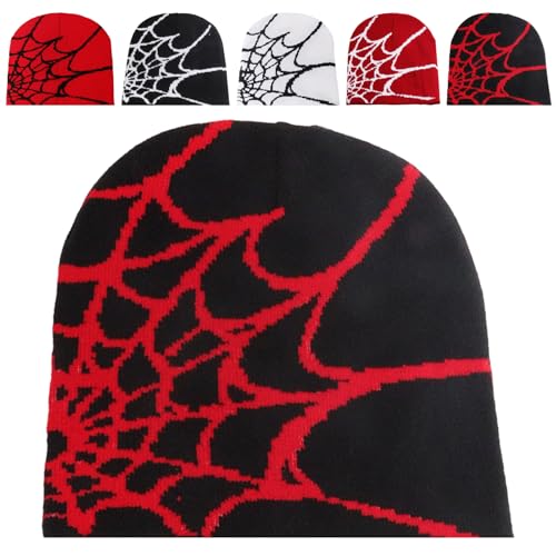 LaresDay Harajuku Y2K Cap - Spider Web MEA Culpa Print Strickbeanie in Pink | Baumwoll Mütze Unisex für Street Fashion (DE/NL/SE/PL, Alphanumerisch, S, L, Schwarz + Rot) von LaresDay