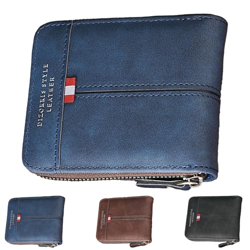 LaresDay Herren Leder-Geldbörse Querformat mit Klappe | Geldbeutel Brieftasche Portemonnaie Portmonee | RFID-Schutz & 6 Kartenfächer | Maße 12 x 9.5 x 2.5 cm (Blau) von LaresDay