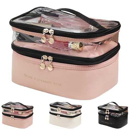 LaresDay Kosmetiktasche Groß Reise Make up Tasche | Leder Wasserdicht Schminktasche mit Make-up Pinsel Fächern | Kulturtasche für Damen/Mädchen mit Griff | Kosmetikkoffer Travel Essentials (Rosa) von LaresDay