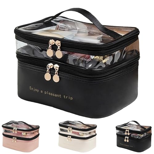 LaresDay Kosmetiktasche Groß Reise Make up Tasche | Leder Wasserdicht Schminktasche mit Make-up Pinsel Fächern | Kulturtasche für Damen/Mädchen mit Griff | Kosmetikkoffer Travel Essentials (Schwarz) von LaresDay