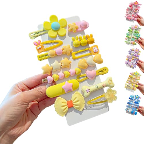 LaresDay Niedliche Haarspangen Set für Mädchen - 14 Stück mit Blumen, Früchten & Tieren - Rutschfeste Metallclips (Gelb) von LaresDay