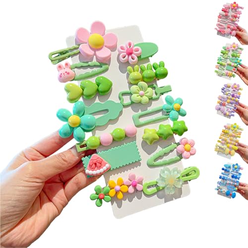 LaresDay Niedliche Haarspangen Set für Mädchen - 14 Stück mit Blumen, Früchten & Tieren - Rutschfeste Metallclips (Grün) von LaresDay