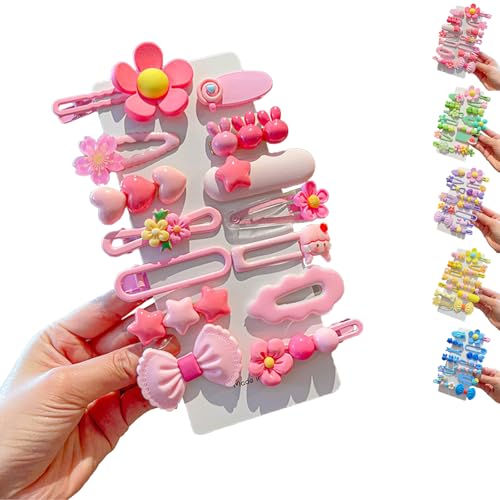 LaresDay Niedliche Haarspangen Set für Mädchen - 14 Stück mit Blumen, Früchten & Tieren - Rutschfeste Metallclips (Rosa) von LaresDay